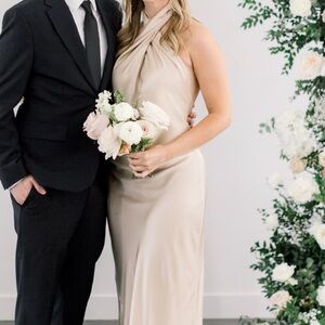 Show Me Your MuMu Jasmine Halter Maxi Bridesmaid Dress in Champagne Luxe Satin